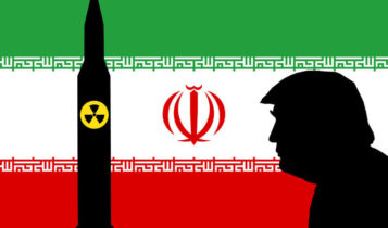 silhouettes of a donald trump and a missle with a nuclear symbol as the flag of iran on the background 