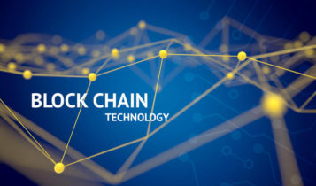 an artwork concept of blockchain technology with yellow lines and figures on a blue background