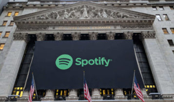 Banner of spotify hanged on the new york stock exchange