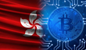 the flag of hong kong on the left side and a bitcoin artwork on the right side