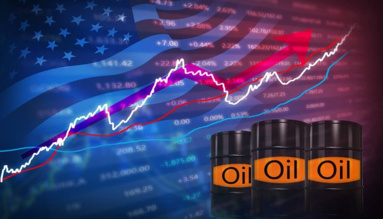 Finance Brokerage-Oil Inventory Report: concept, three oil barrels marked oil with graphs on the background